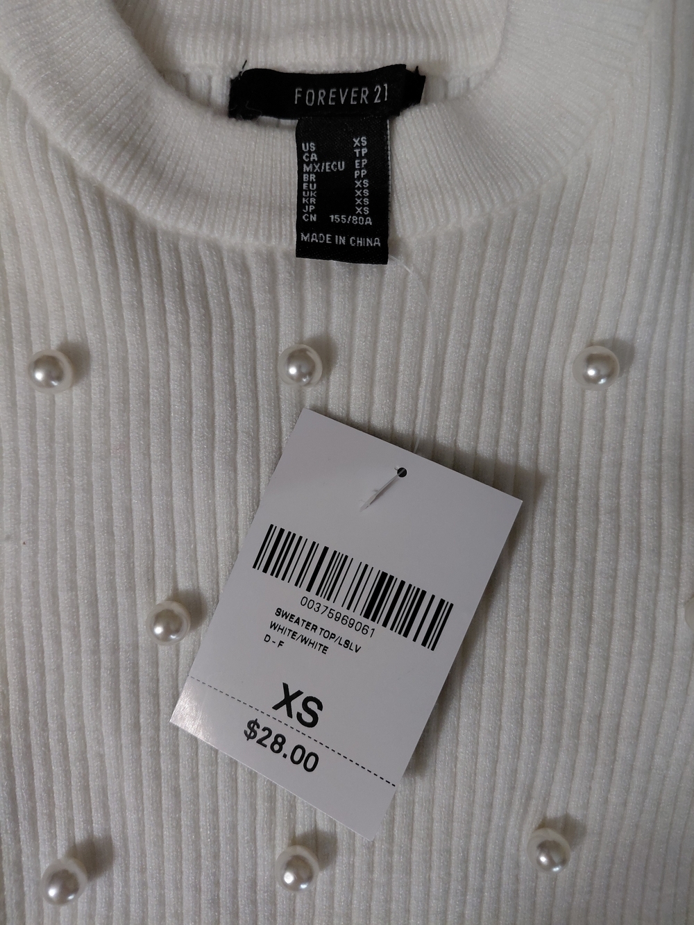 NWT Forever 21 Pearl Embellished Puff Sleeve Ribbed Sweater Top XS White - Picture 3 of 3